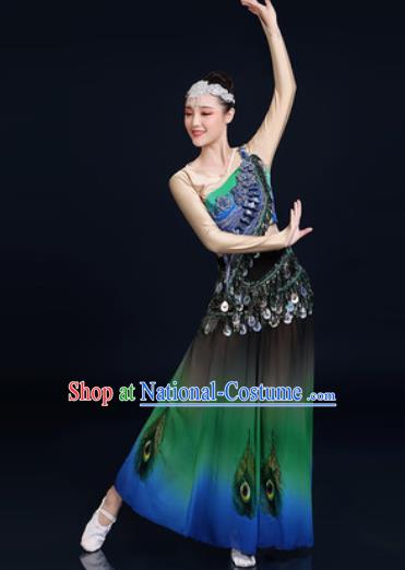 Traditional Chinese Ethnic Peacock Dance Green Dress Dai Nationality Stage Performance Costume for Women