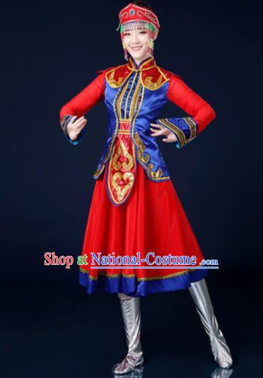 Traditional Chinese Ethnic Dance Red Dress Mongolian Nationality Stage Performance Costume for Women