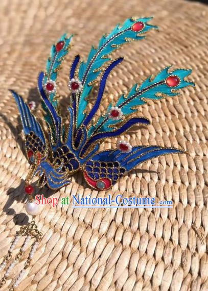 Chinese Traditional Hair Accessories Ancient Palace Handmade Hanfu Blue Phoenix Hairpins for Women