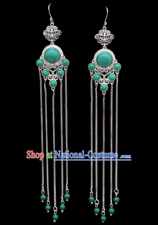 Chinese Traditional Mongolian Ethnic Sliver Accessories Mongol Nationality Green Earrings for Women