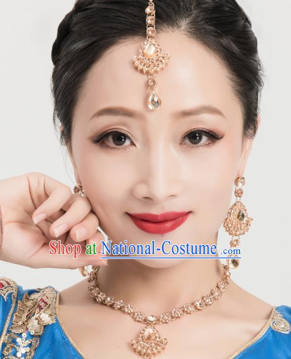 Asian India Traditional Jewelry Accessories Crystal Hair Clasp Necklace and Earrings for Women