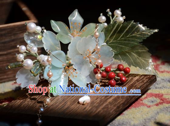 Traditional Chinese Hanfu Hair Accessories Ancient Princess Pearls Green Flowers Hairpins for Women