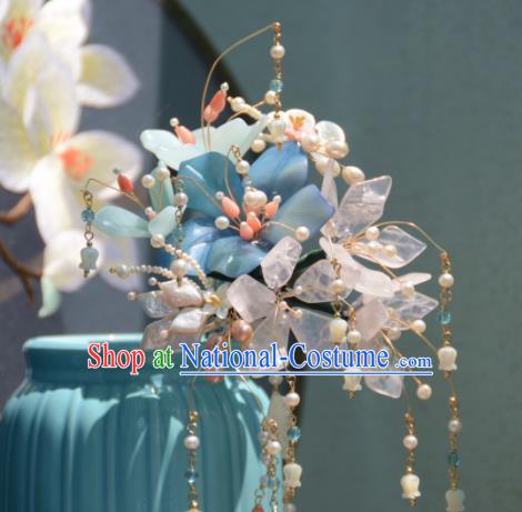 Traditional Chinese Hanfu Hair Accessories Ancient Princess Blue Flowers Tassel Hairpins for Women