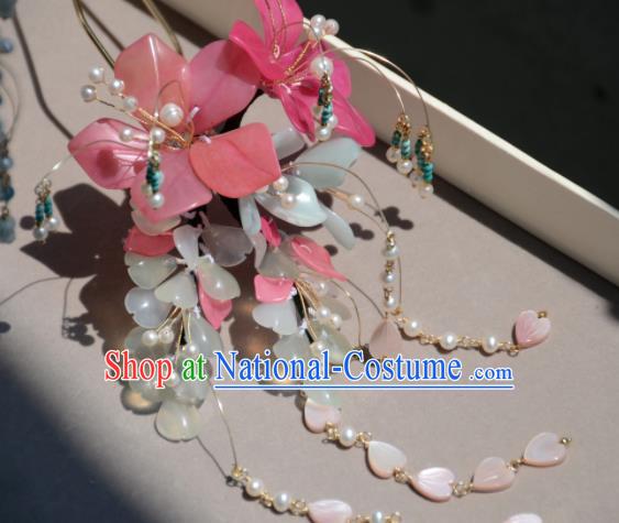 Traditional Chinese Hanfu Hair Accessories Ancient Princess Pink Flowers Tassel Hairpins for Women