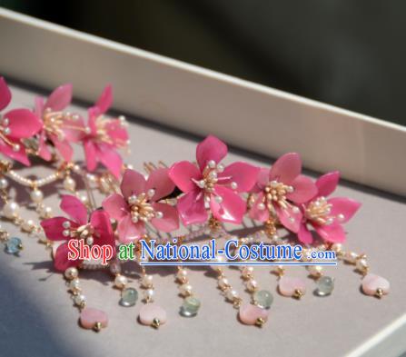 Traditional Chinese Hanfu Hair Accessories Ancient Princess Pink Flowers Hair Crown Tassel Hairpins for Women