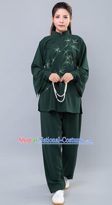 Asian Chinese Martial Arts Traditional Kung Fu Printing Bamboo Green Costume Tai Ji Training Group Competition Uniform for Women