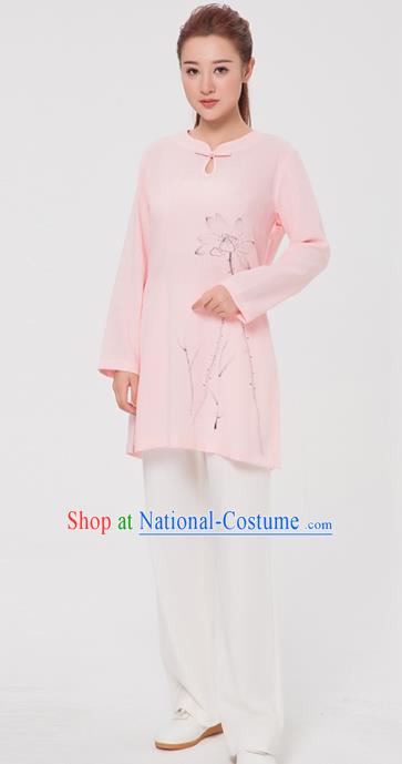 Asian Chinese Martial Arts Traditional Kung Fu Costume Tai Ji Training Ink Painting Lotus Pink Blouse for Women