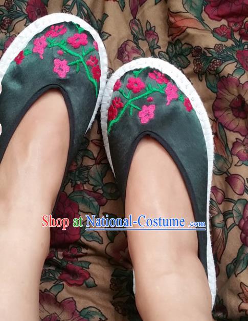 Chinese Ancient Princess Shoes Traditional Atrovirens Satin Slippers Hanfu Shoes Embroidered Shoes for Women