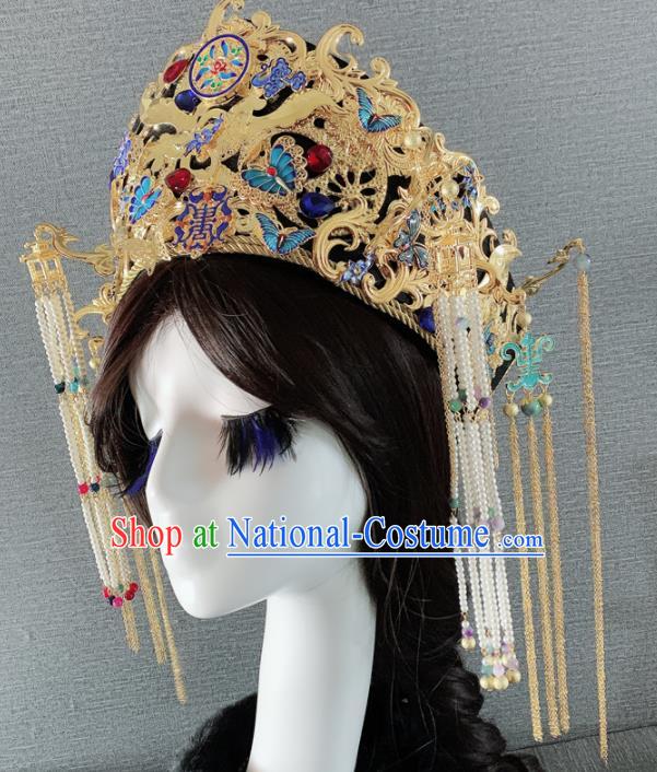 Traditional Chinese Ancient Palace Queen Cloisonne Butterfly Phoenix Coronet Headwear Qing Dynasty Manchu Hair Accessories for Women