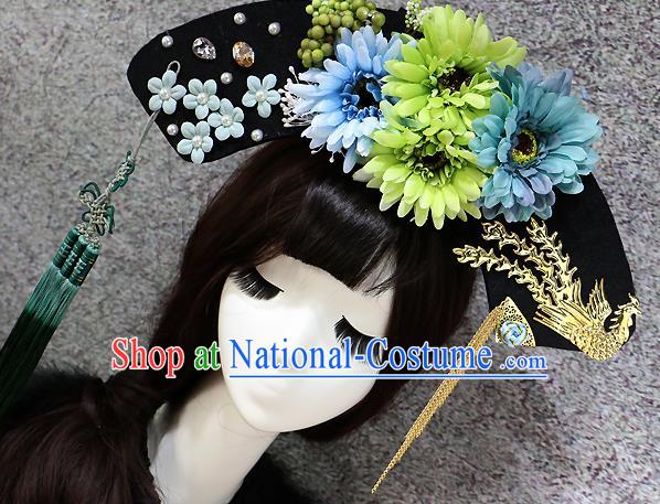 Chinese Ancient Palace Headwear Traditional Qing Dynasty Manchu Green Flowers Hair Accessories for Women