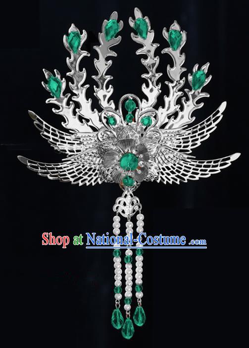 Chinese Ancient Princess Tassel Hair Clip Green Crystal Phoenix Hairpins Traditional Palace Hanfu Hair Accessories for Women