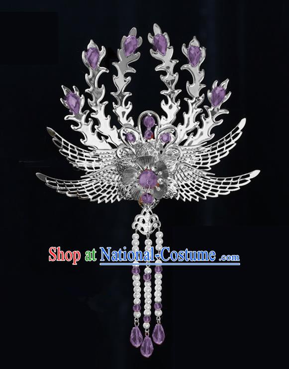 Chinese Ancient Princess Tassel Hair Clip Purple Crystal Phoenix Hairpins Traditional Palace Hanfu Hair Accessories for Women