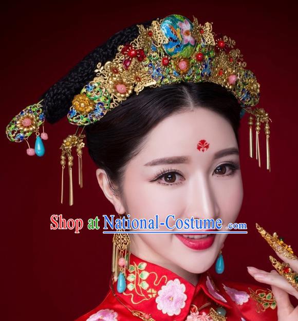 Chinese Ancient Bride Hairpins Cloisonne Lotus Phoenix Coronet Traditional Palace Wedding Hair Accessories Complete Set for Women