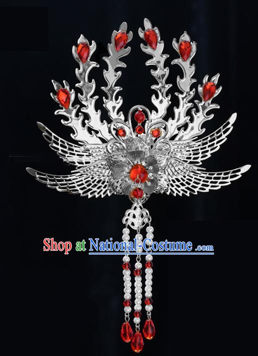 Chinese Ancient Princess Tassel Hair Clip Red Crystal Phoenix Hairpins Traditional Palace Hanfu Hair Accessories for Women