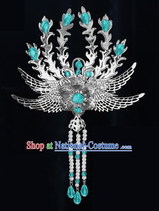 Chinese Ancient Princess Tassel Hair Clip Blue Crystal Phoenix Hairpins Traditional Palace Hanfu Hair Accessories for Women