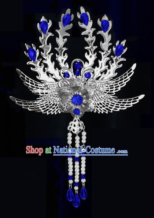 Chinese Ancient Princess Tassel Hair Clip Royalblue Crystal Phoenix Hairpins Traditional Palace Hanfu Hair Accessories for Women