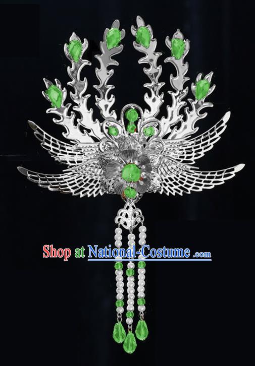 Chinese Ancient Princess Tassel Hair Clip Light Green Crystal Phoenix Hairpins Traditional Palace Hanfu Hair Accessories for Women