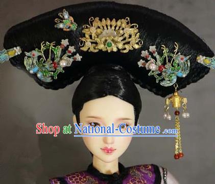 Chinese Ancient Palace Manchu Imperial Consort Cloisonne Phoenix Headwear Traditional Qing Dynasty Queen Hair Accessories for Women