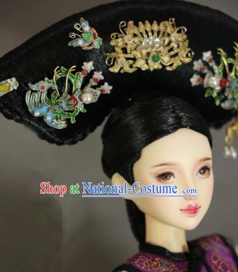 Chinese Ancient Palace Manchu Imperial Consort Cloisonne Phoenix Headwear Traditional Qing Dynasty Queen Hair Accessories for Women