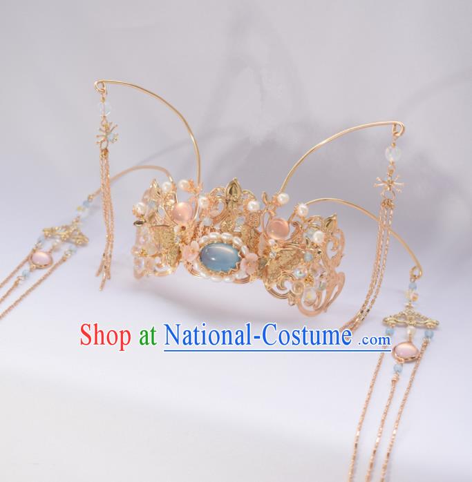 Chinese Ancient Princess Palace Blue Chalcedony Tassel Hair Crown Hairpins Traditional Handmade Hanfu Hair Accessories for Women