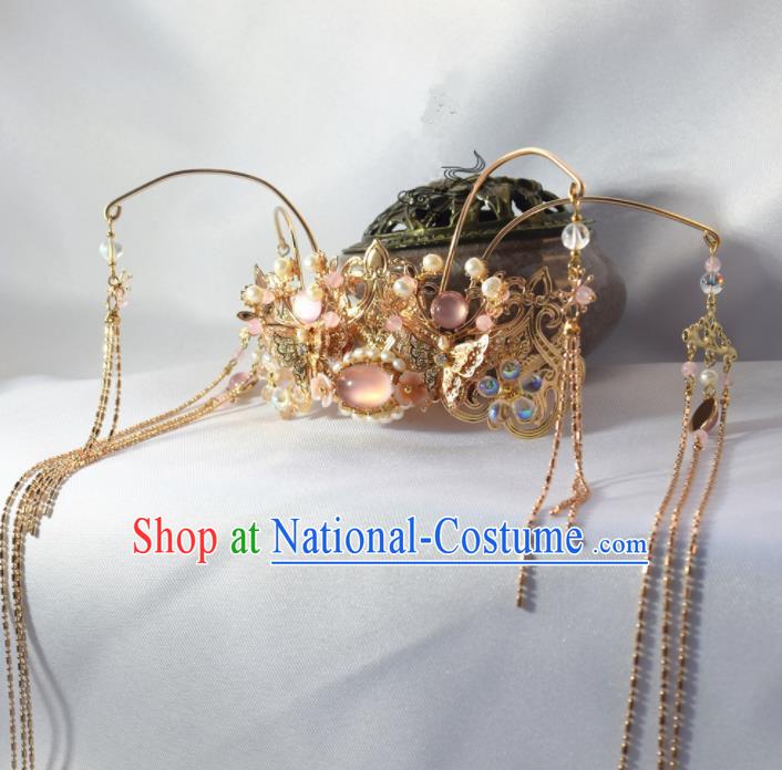 Chinese Ancient Princess Palace Pink Chalcedony Tassel Hair Crown Hairpins Traditional Handmade Hanfu Hair Accessories for Women