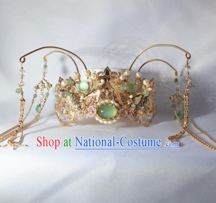 Chinese Ancient Princess Palace Green Chalcedony Tassel Hair Crown Hairpins Traditional Handmade Hanfu Hair Accessories for Women