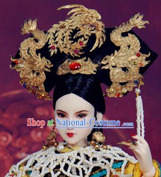 Chinese Ancient Palace Concubine Golden Dragon Phoenix Headwear Traditional Qing Dynasty Manchu Imperial Consort Hair Accessories for Women