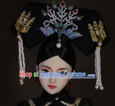 Chinese Ancient Cloisonne Phoenix Tassel Headwear Traditional Qing Dynasty Palace Manchu Imperial Consort Hair Accessories for Women