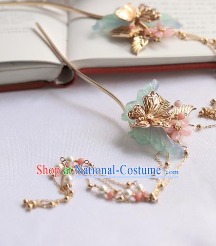 Chinese Ancient Princess Jade Butterfly Tassel Hairpins Traditional Hanfu Hair Accessories for Women