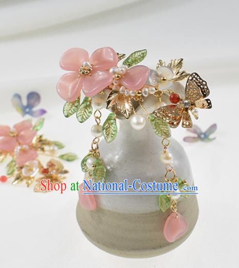 Chinese Ancient Princess Pink Flowers Butterfly Hair Claw Hairpins Traditional Hanfu Hair Accessories for Women