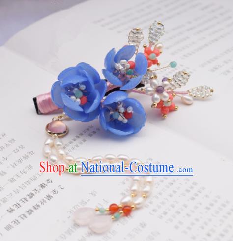 Chinese Ancient Princess Palace Blue Flowers Pearls Tassel Hair Claw Hairpins Traditional Handmade Hanfu Hair Accessories for Women