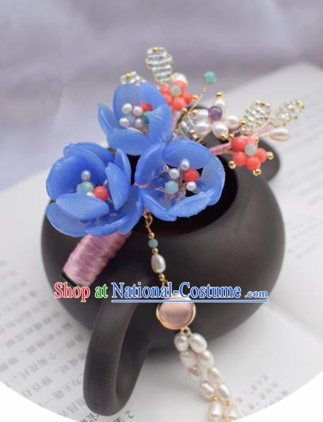 Chinese Ancient Princess Palace Blue Flowers Pearls Tassel Hair Claw Hairpins Traditional Handmade Hanfu Hair Accessories for Women