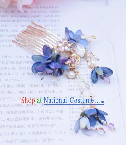 Chinese Ancient Princess Palace Blue Flowers Shell Hair Comb Hairpins Traditional Handmade Hanfu Hair Accessories for Women