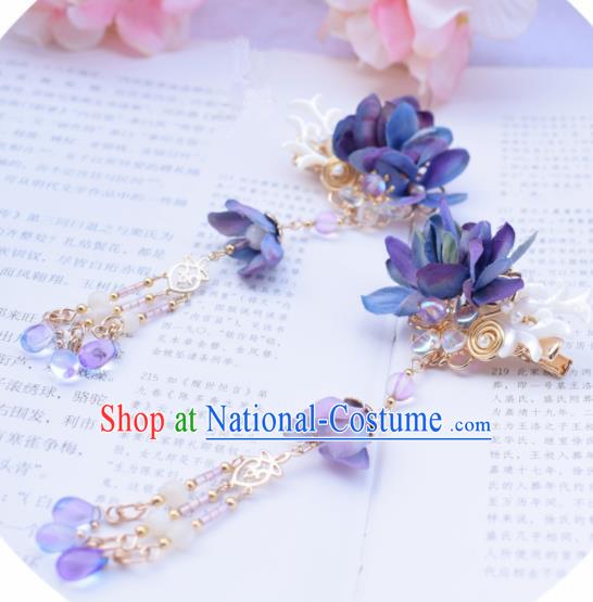 Chinese Ancient Princess Palace Blue Flowers Shell Hair Claws Hairpins Traditional Handmade Hanfu Hair Accessories for Women