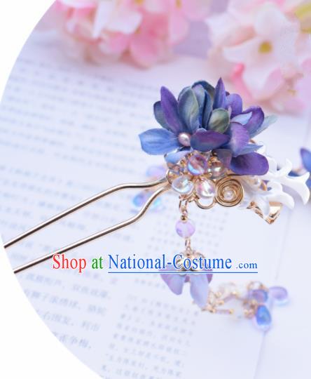 Chinese Ancient Princess Palace Blue Flowers Shell Hairpins Traditional Handmade Hanfu Hair Accessories for Women