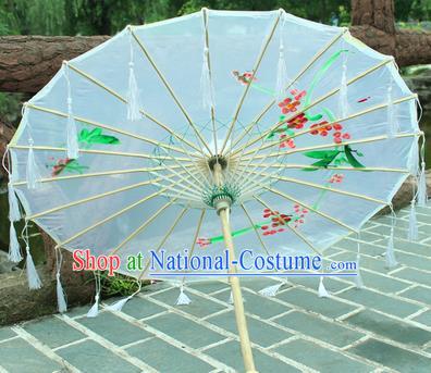 Handmade Chinese Traditional Printing White Tassel Oiled Paper Umbrellas Ancient Princess Umbrella