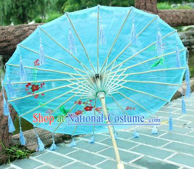 Handmade Chinese Traditional Tassel Blue Oiled Paper Umbrellas Ancient Princess Printing Umbrella