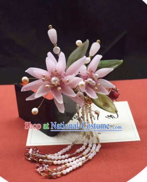 Chinese Ancient Palace Pink Flowers Tassel Hair Clip Princess Hairpins Traditional Handmade Hanfu Hair Accessories for Women