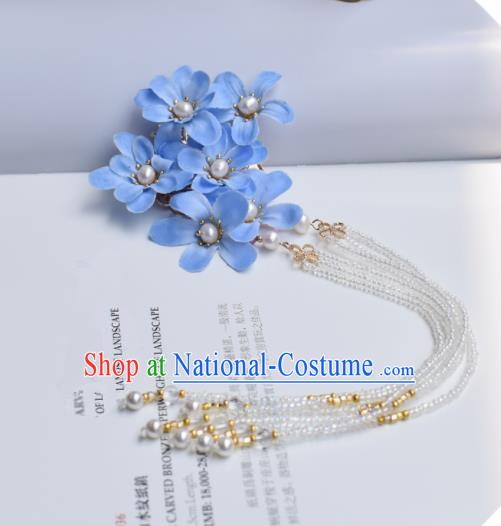 Chinese Ancient Princess Palace Blue Flowers Tassel Hair Claw Hairpins Traditional Handmade Hanfu Hair Accessories for Women