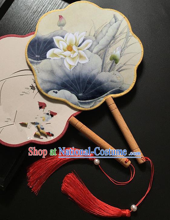 Chinese Handmade Classical Palace Fans Traditional Printing Lotus Hanfu Fan for Women