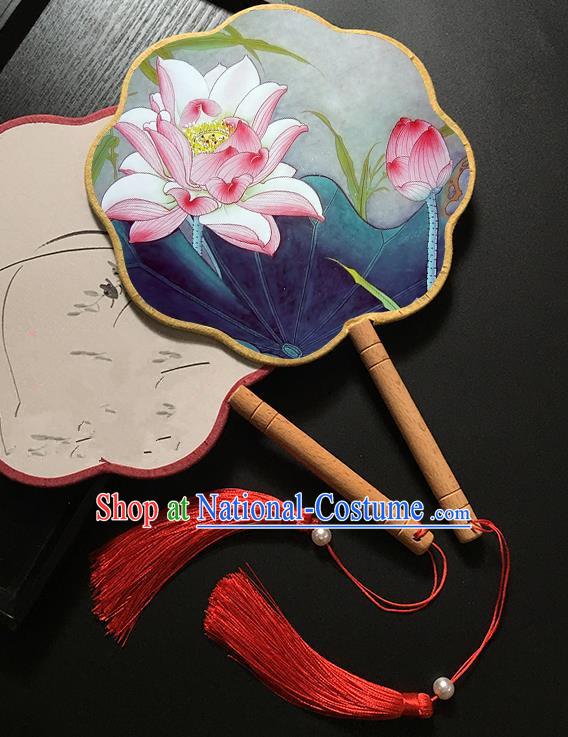 Chinese Handmade Classical Palace Fans Traditional Printing Pink Lotus Hanfu Fan for Women