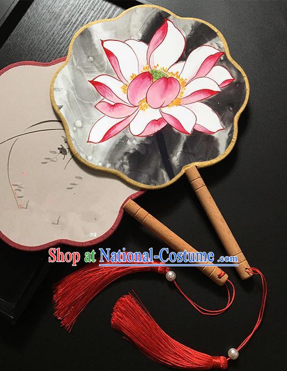 Chinese Handmade Classical Palace Fans Traditional Ink Painting Pink Lotus Hanfu Fan for Women