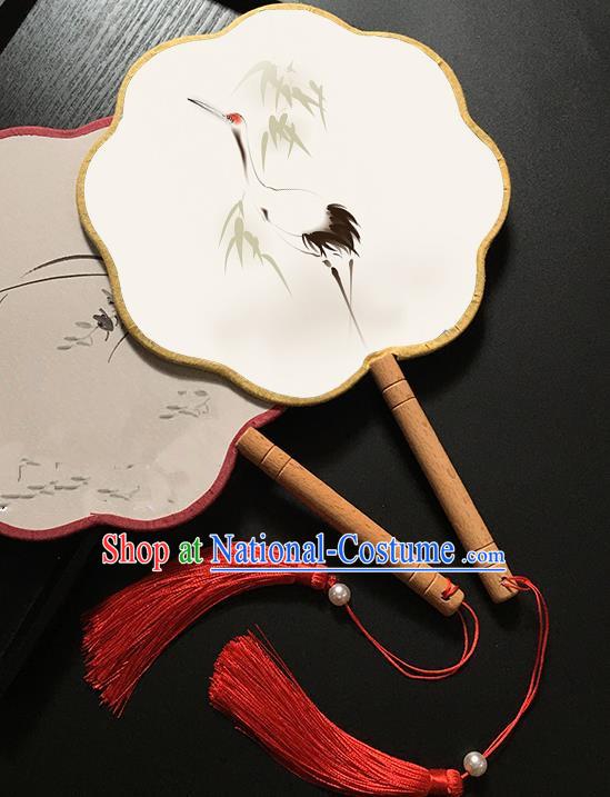 Chinese Handmade Classical Palace Fans Traditional Printing Crane Bamboo Hanfu Fan for Women