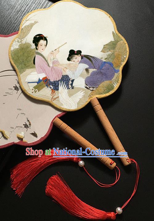 Chinese Handmade Classical Palace Fans Traditional Printing Beauty Hanfu Fan for Women