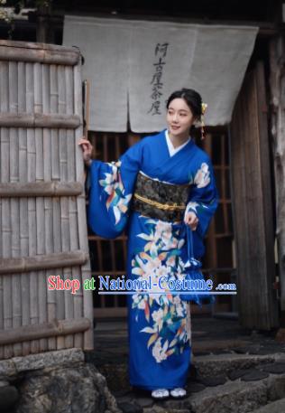 Japanese Handmade Kimono Japan Traditional Yukata Deep Blue Dress for Women