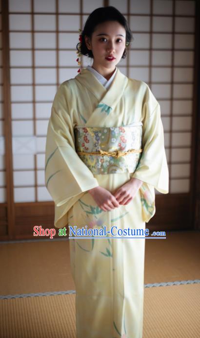 Japanese Handmade Yellow Kimono Costume Japan Traditional Yukata Dress for Women