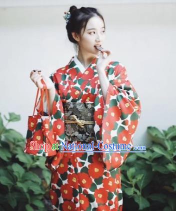 Japanese Handmade Printing Red Kimono Costume Japan Traditional Yukata Dress for Women