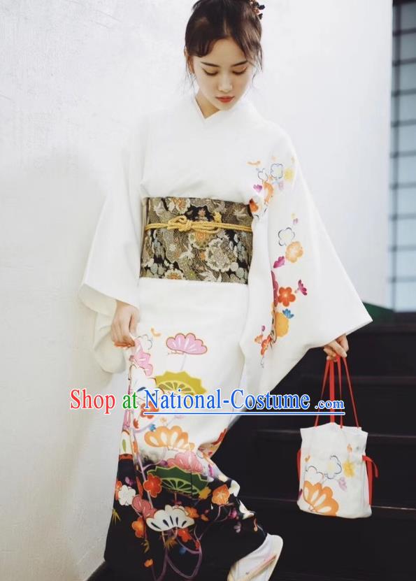 Japanese Handmade Printing White Kimono Costume Japan Traditional Yukata Dress for Women