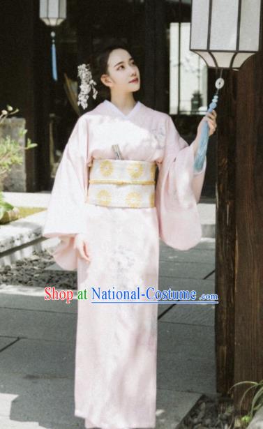 Japanese Handmade Light Pink Kimono Costume Japan Traditional Printing Yukata Dress for Women