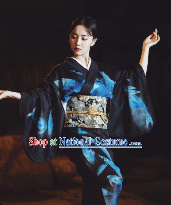 Japanese Handmade Printing Black Kimono Costume Japan Traditional Yukata Dress for Women